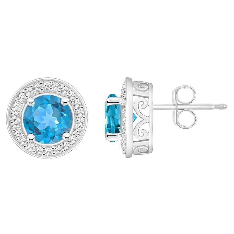 Celebration Gems Sterling Silver Round Gemstone & 1/5 Carat T.W. Diamond Halo Stud Earrings, Womens, Blue Product Image