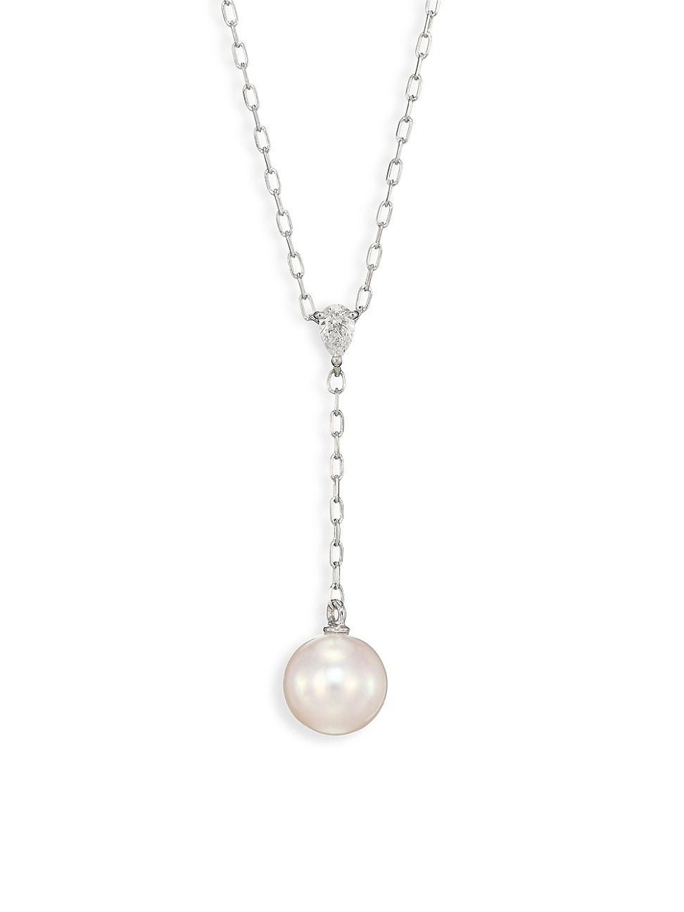 7.5MM White Cultured Akoya Pearl, Diamond & 18K White Gold Pendant Necklace Product Image