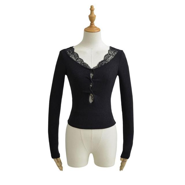 Long-Sleeve Scoop Neck Plain Ribbed Lace Trim Keyhole Knit Top Product Image