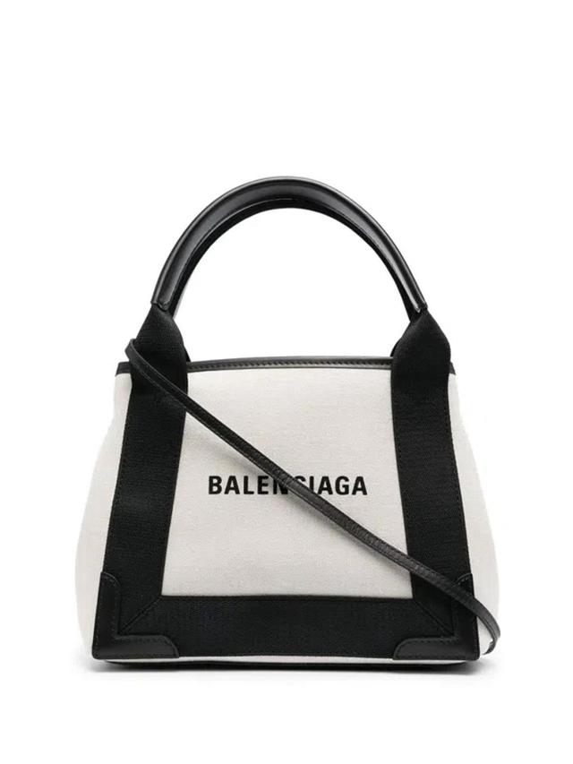 BALENCIAGA Navy Cabas Small Leather-trimmed Printed Canvas Tote In White Product Image