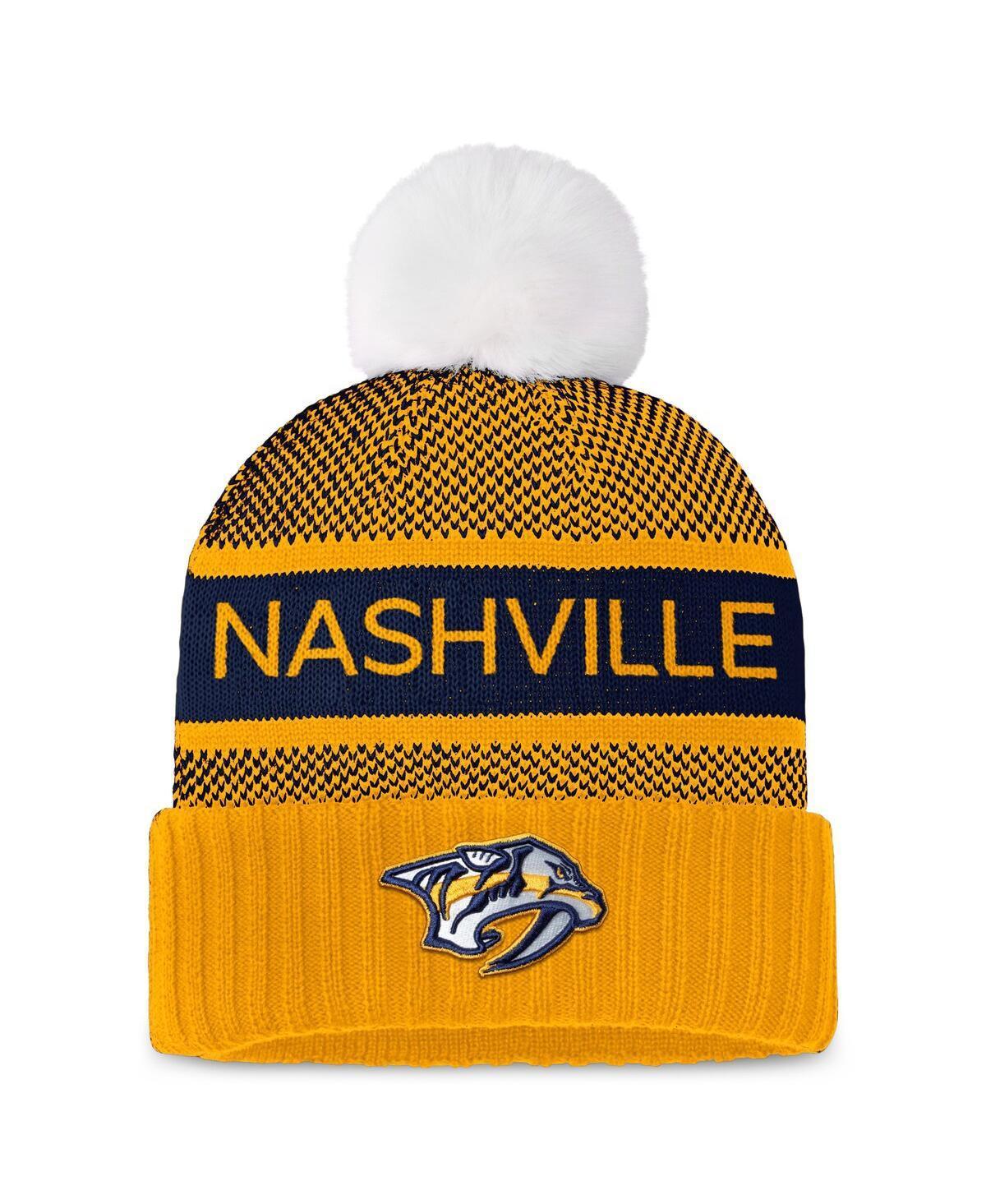 Womens Fanatics Branded Gold/Navy Nashville Predators Authentic Pro Rink Cuffed Knit Hat with Pom Product Image