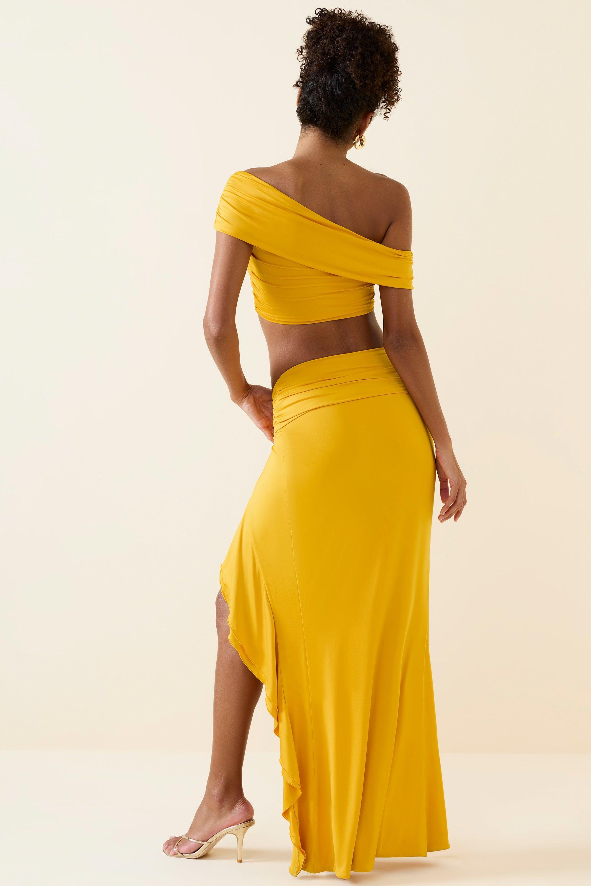 Asymmetric Ruffled Low-Rise Maxi Skirt in Golden Yellow Product Image