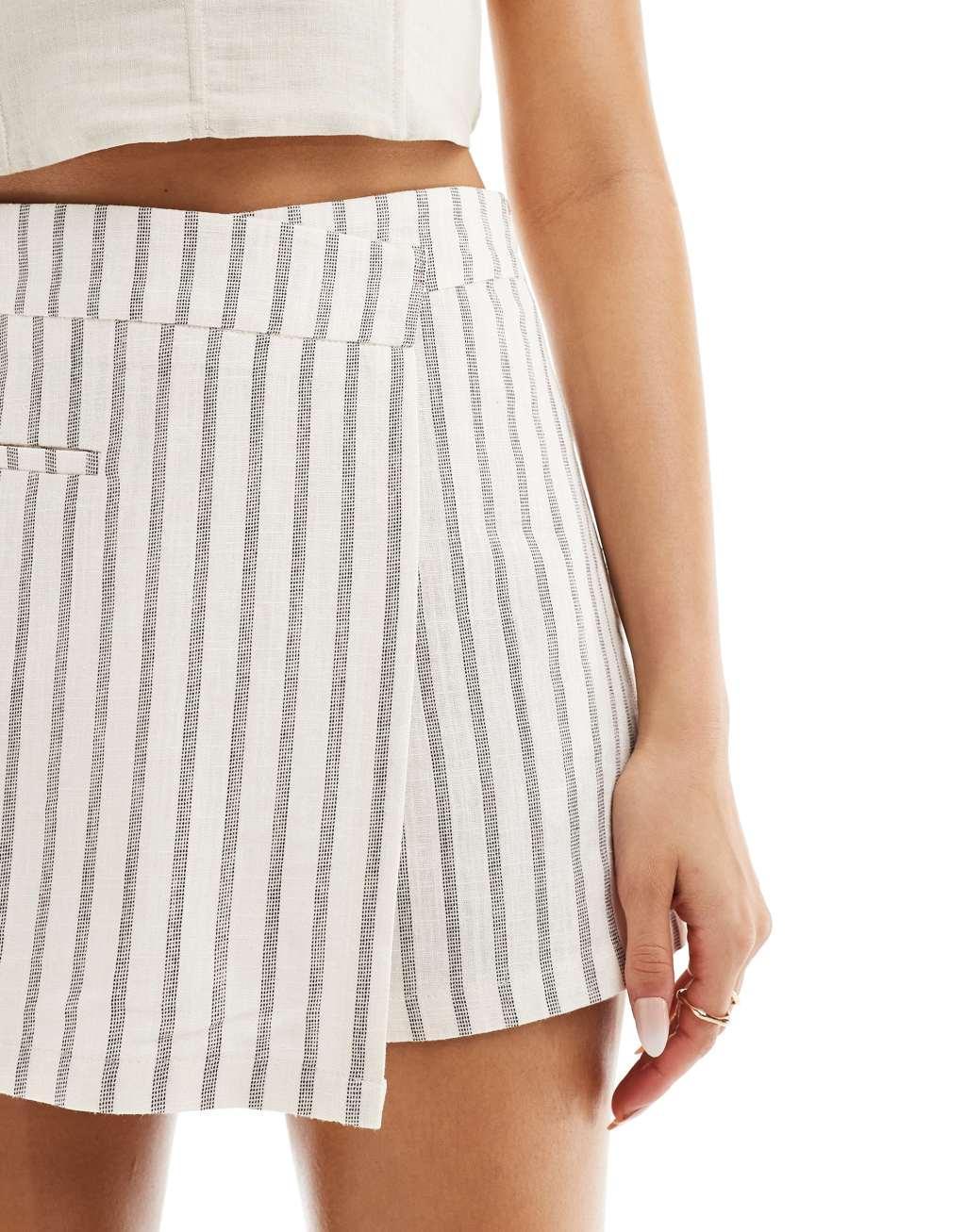 Stradivarius linen look wrap detail skort in rustic stripe  Product Image