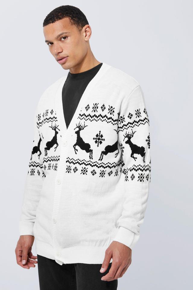 Tall Reindeer Fairisle Christmas Cardigan | boohooMAN USA Product Image