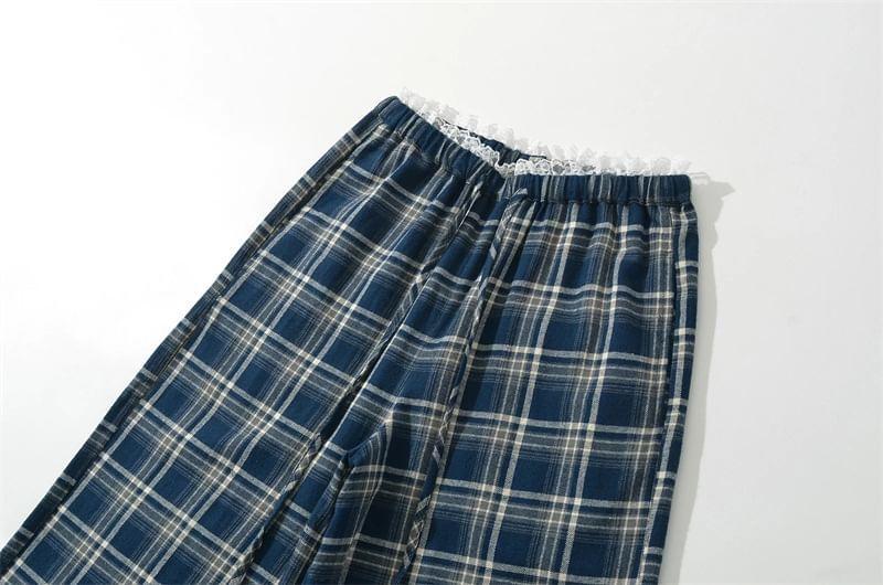 Drawstring Waist Plaid Lace Trim Wide Leg Pants Product Image