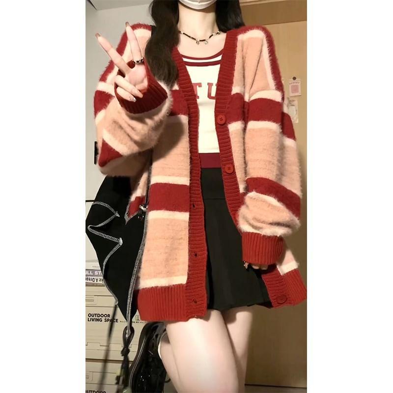 V-Neck Striped Cardigan Product Image