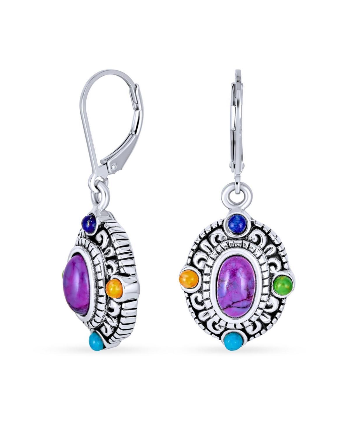 Bling Jewelry Western Style Multicolor Purple Natural Turquoise Oval Framed Dangle Lever Back Earrings For Women Oxidized Sterling Silver Product Image