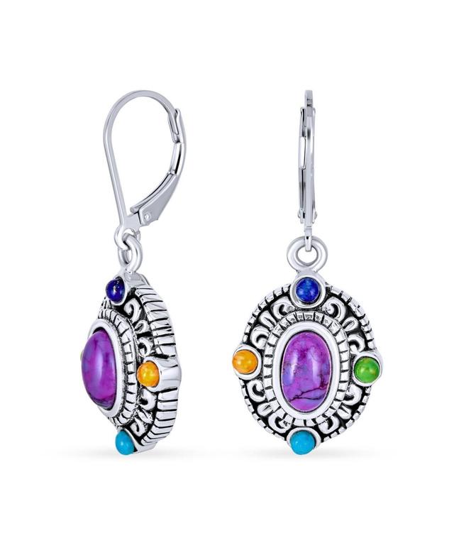 Bling Jewelry Western Style Multicolor Gemstone Turquoise Oval Framed Dangle Lever Back Earrings For Women Oxidized .925 Sterling Silver - Purp Product Image