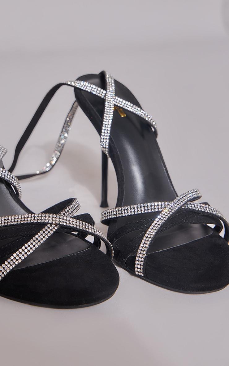 Black Round Toe Diamante Lace Up High Heeled Sandals Product Image