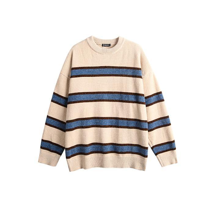 Round Neck Drop Shoulder Striped Oversized Sweater Product Image