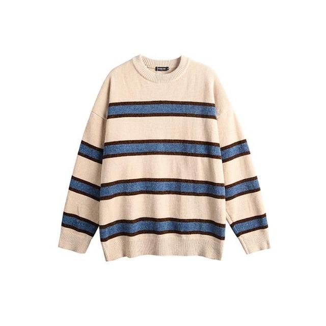 Round Neck Drop Shoulder Striped Oversized Sweater Product Image