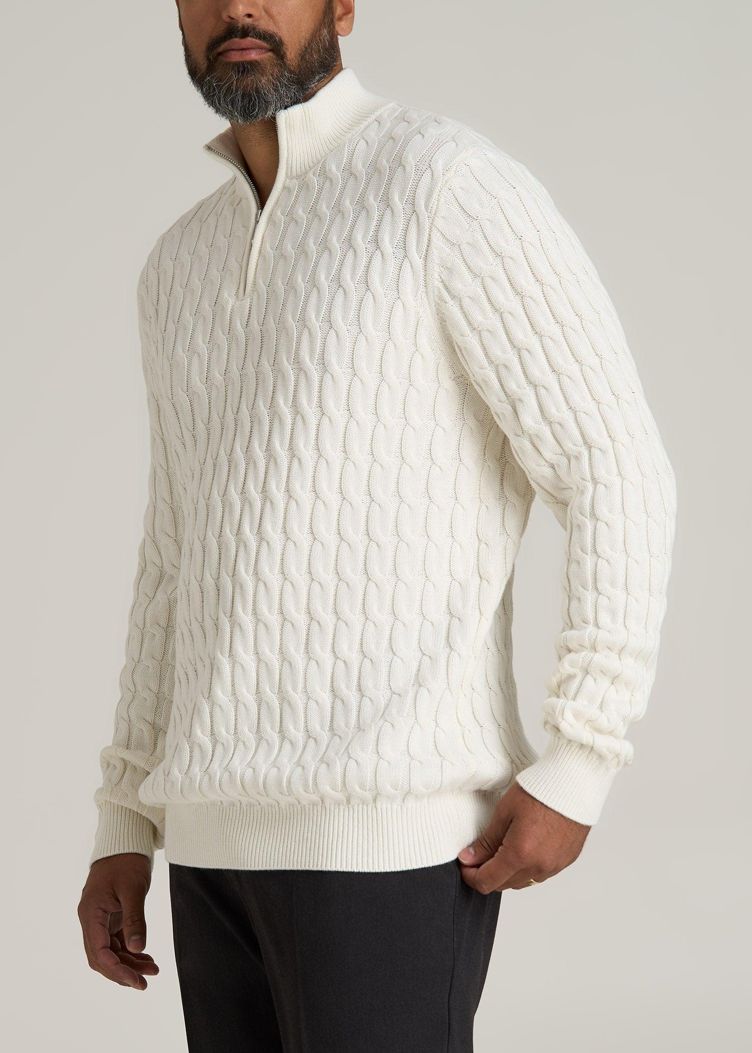 Cable Knit Half Zip Sweater for Tall Men in Ivory White Product Image