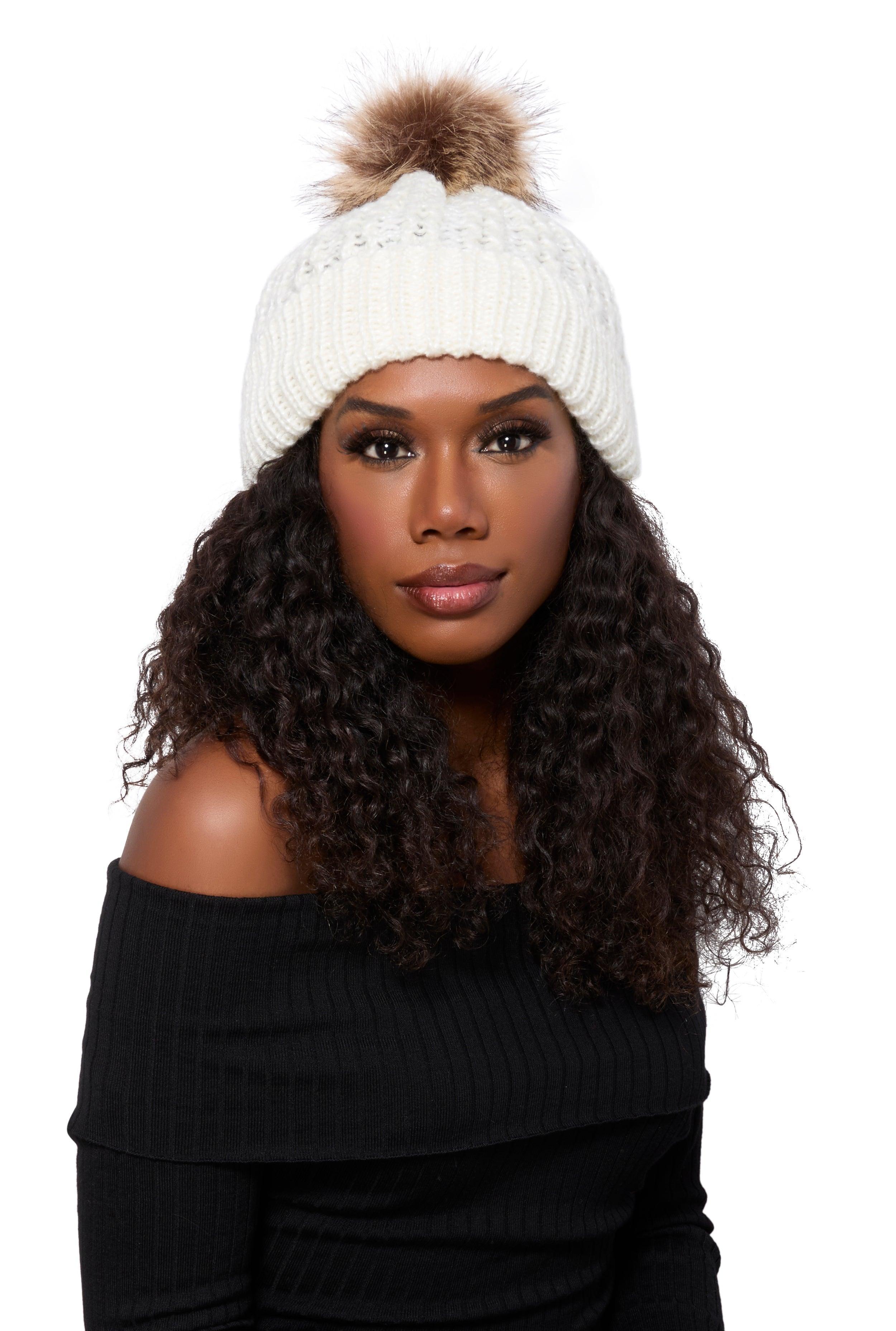 Womens Faux Fur Pom Pom Knit Beanie Product Image