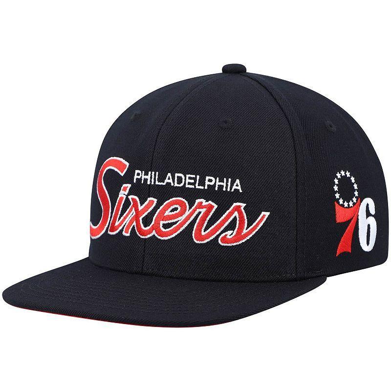 Mens Mitchell & Ness Black Philadelphia 76ers Hardwood Classics Script 2.0 Snapback Hat Product Image