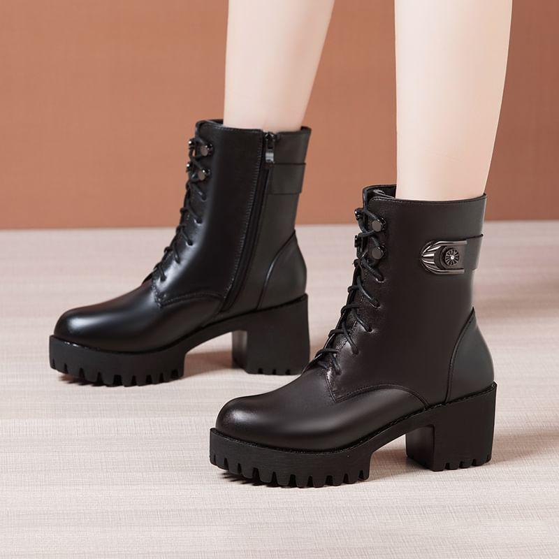 Platform Block Heel Lace Up Short Boots Product Image