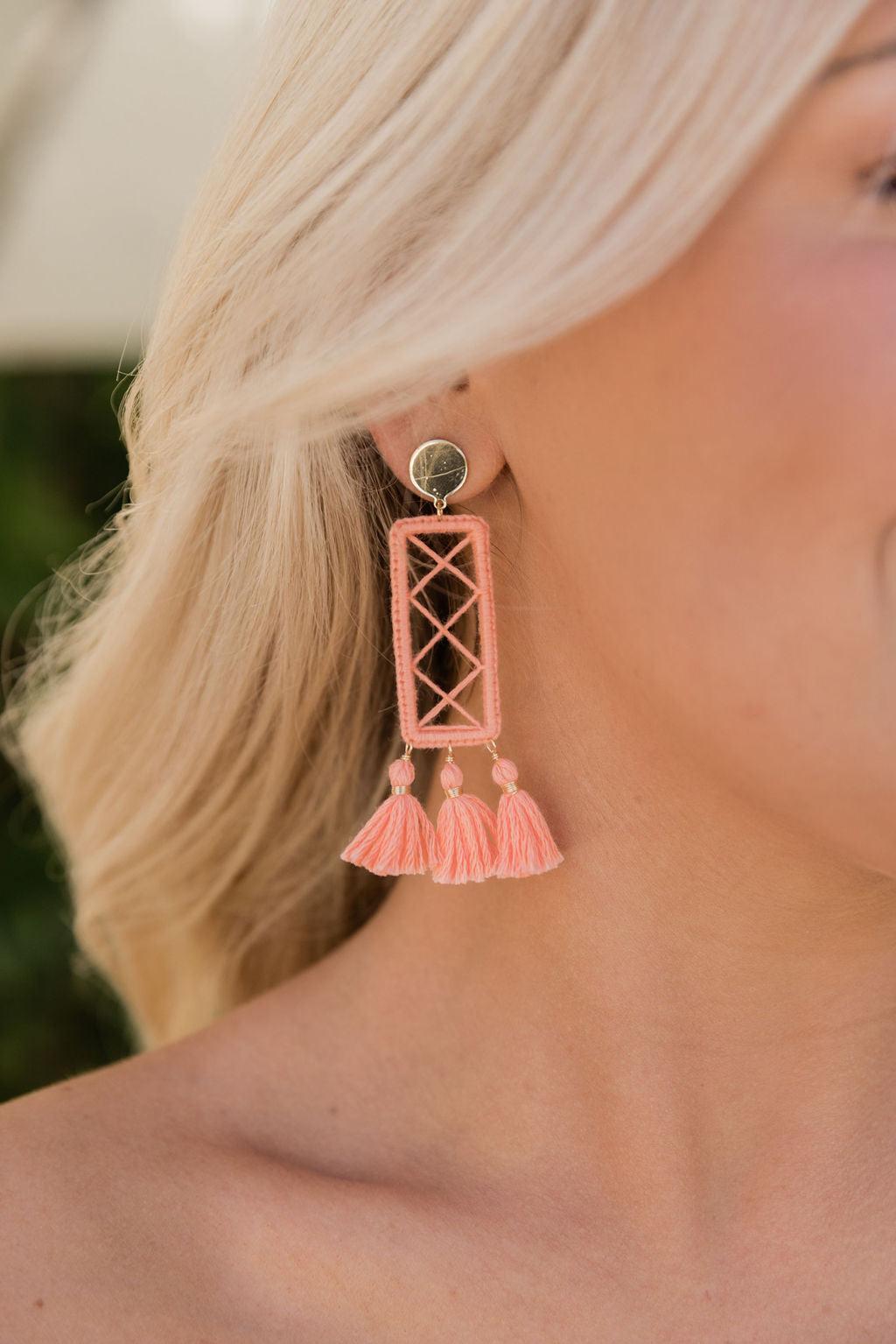 Confident Energy Coral Rectangle Fringe Earrings FINAL SALE Product Image