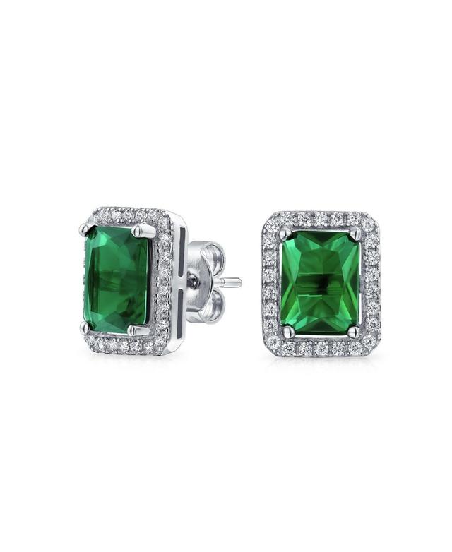 Bling Jewelry 3.5CT Emerald Cut Green Cubic Zirconia Emerald Cz Halo Stud Earring For Women Rhodium Sterling Silver Product Image