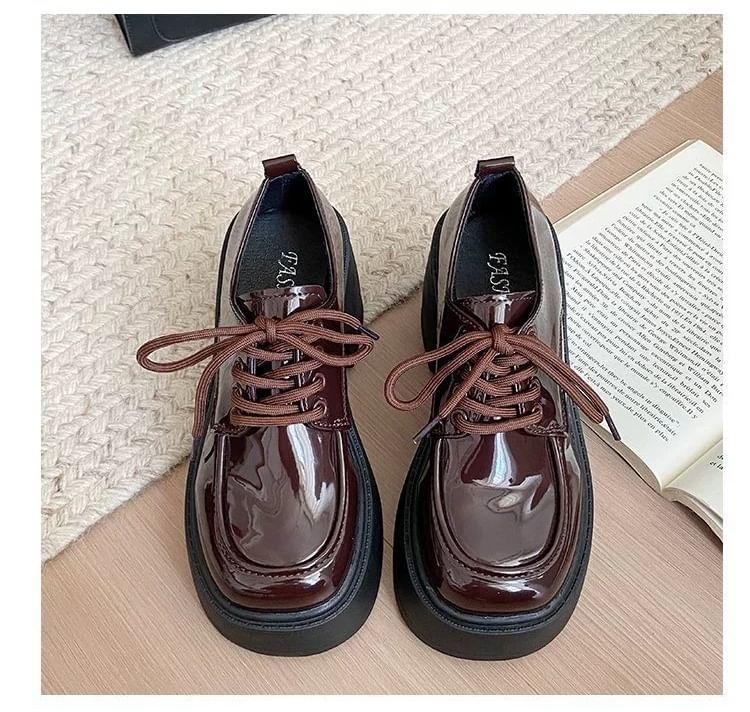 Platform Plain Lace-Up Patent Leather Shoes Product Image