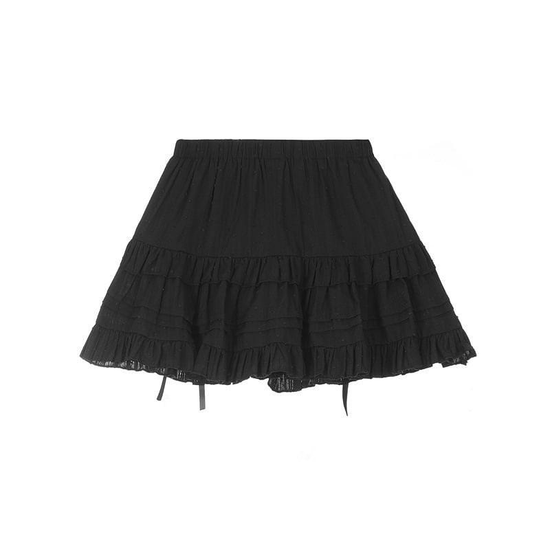 Balletcore High Waist Plain Bow Accent Ruffled Mini A-Line Skirt Product Image