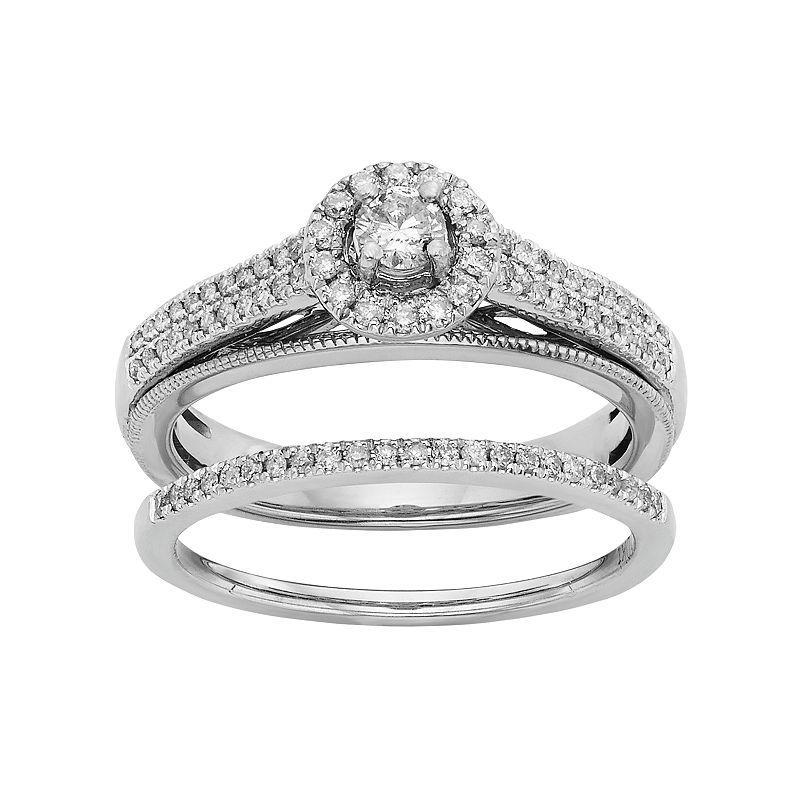 Diamond Halo Engagement Ring Set in 10k White Gold (1/2 Carat T.W.), Womens Product Image