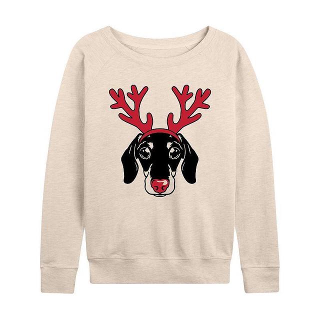 Womens Dachshund Reindeer Antlers Slouchy Graphic Sweatshirt Beig/Green Product Image