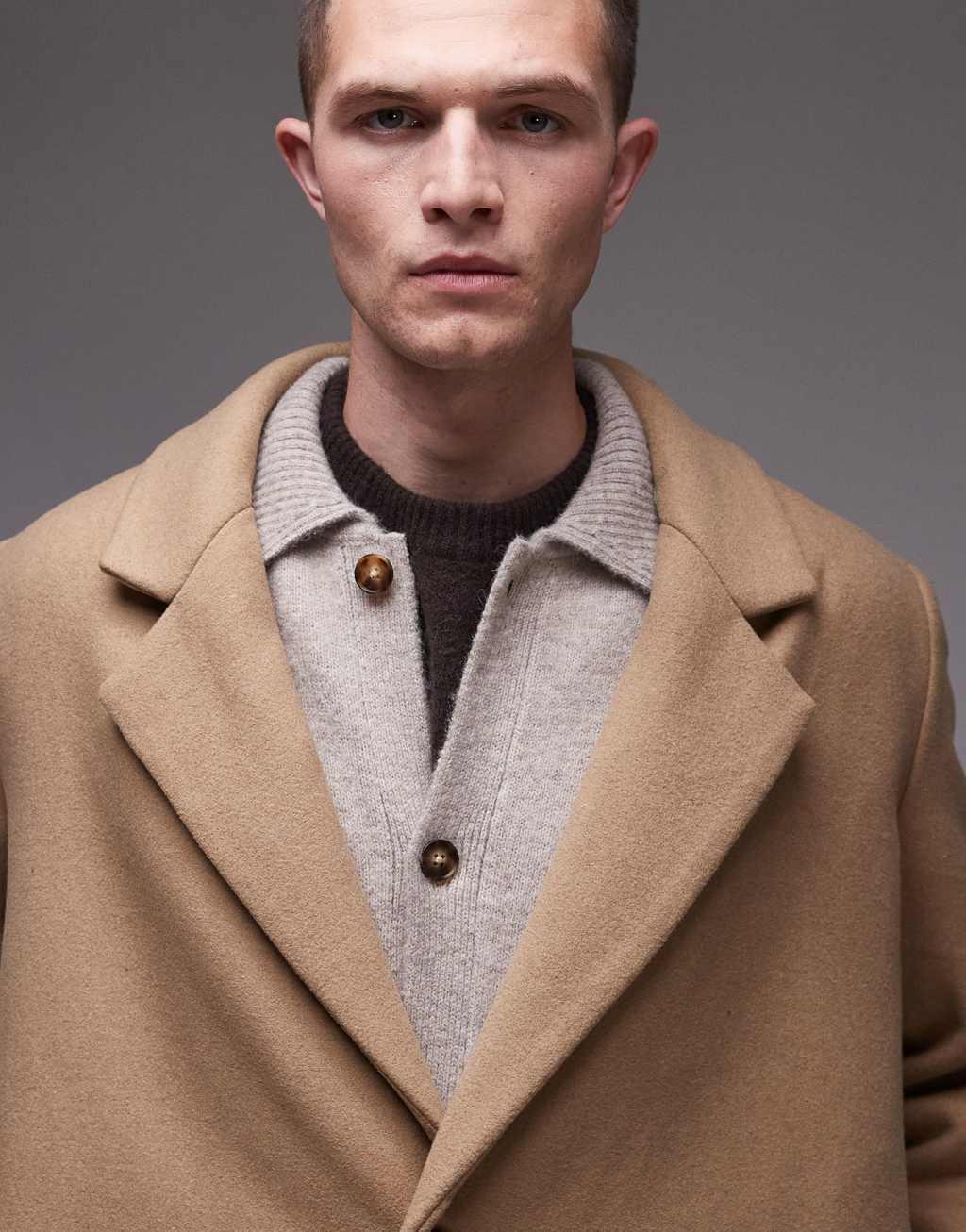 Topman single breasted overcoat in camel Product Image