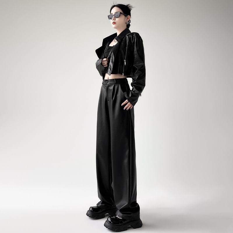 High Rise Plain Faux Leather Loose Fit Slacks (Various Designs) Product Image