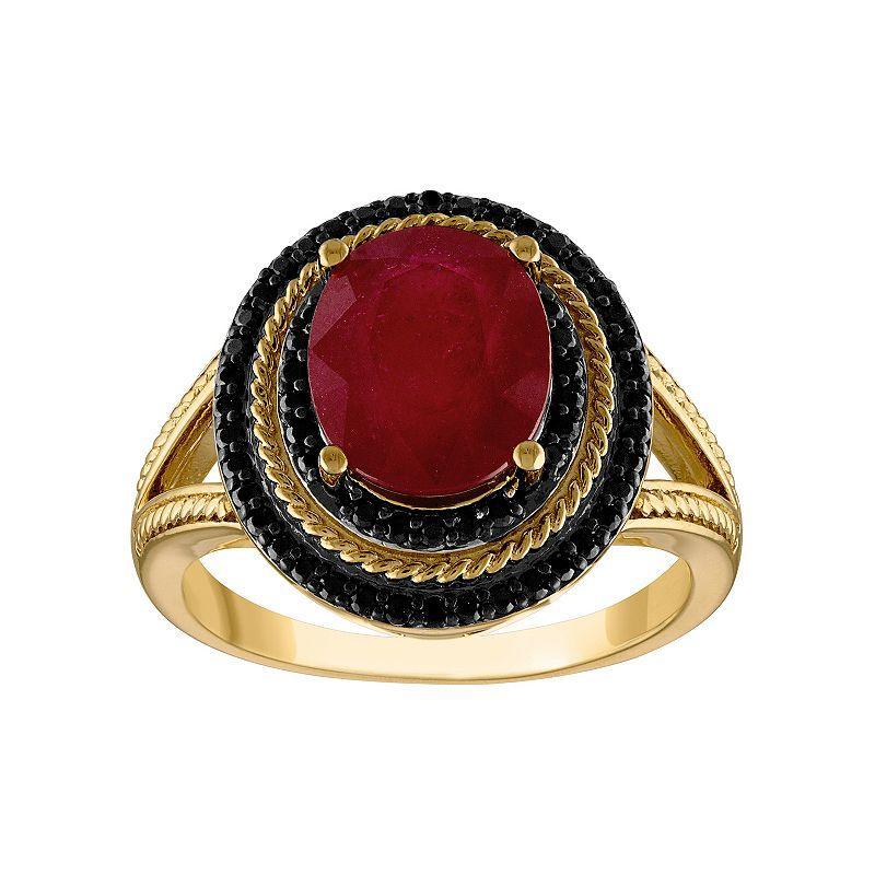 Tiara 14k Gold Over Silver Ruby & Black Spinel Oval Halo Ring, Womens Gold Tone Product Image