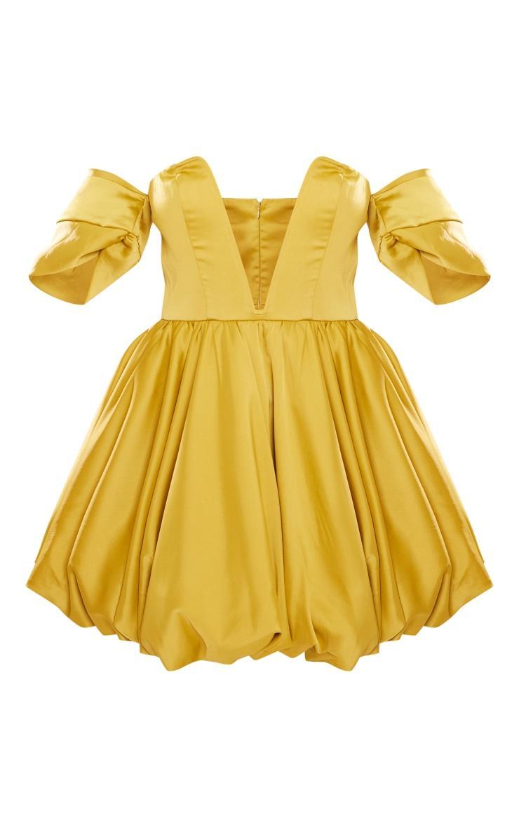 Chartreuse Satin V Bar Plunge Bardot Puff Ball Dress Product Image