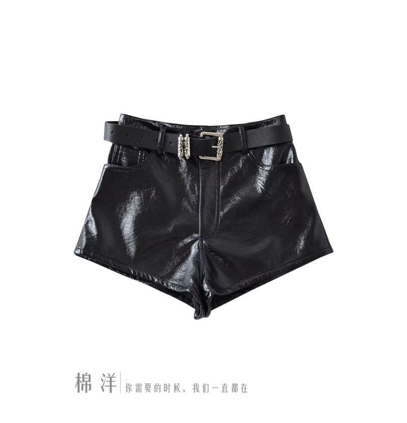 High Waist Plain Faux Leather Shorts Product Image