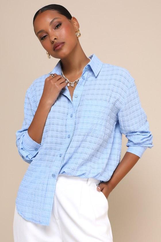 Perfectly Classic Blue Burnout Plaid Button-Up Long Sleeve Top Product Image