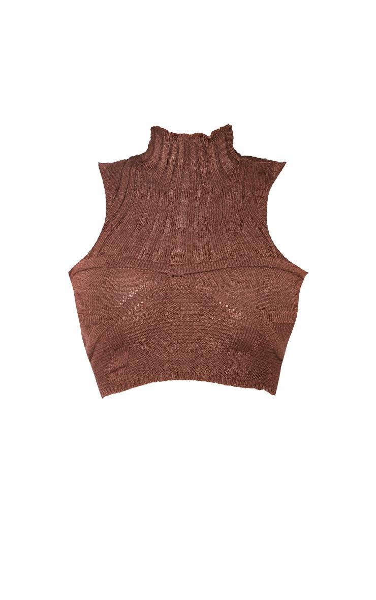 Petite Chocolate Knitted Cup Detail High Neck Crop Top Product Image