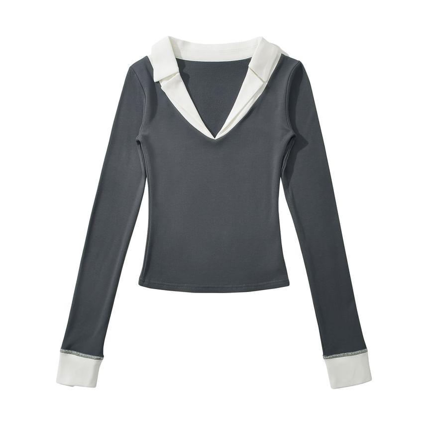 Long Sleeve V-Neck Contrast Trim Crop Polo Shirt Product Image