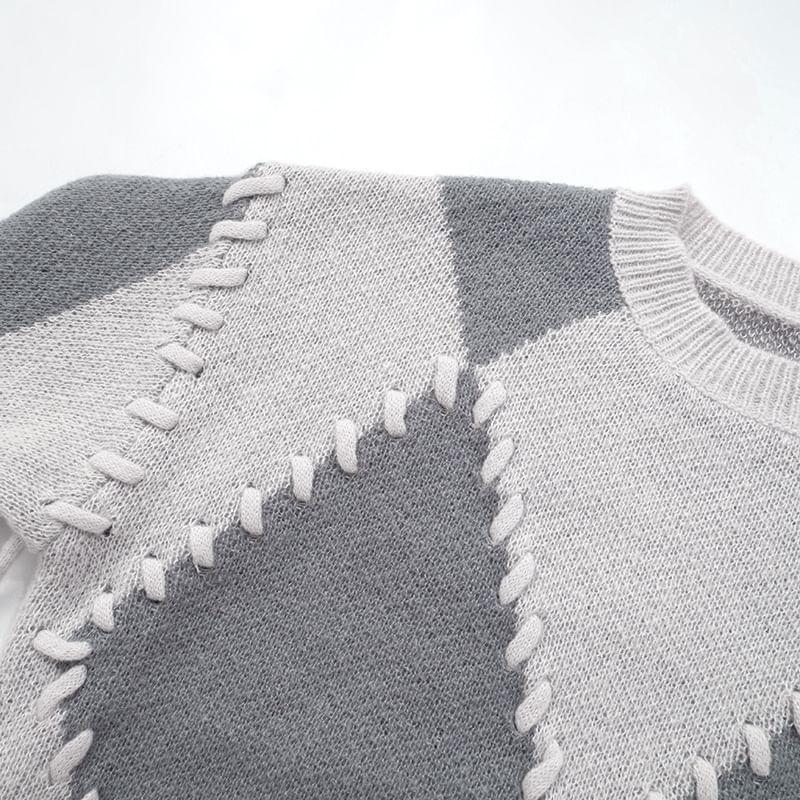 Round Neck Argyle Lace-Up Sweater Product Image