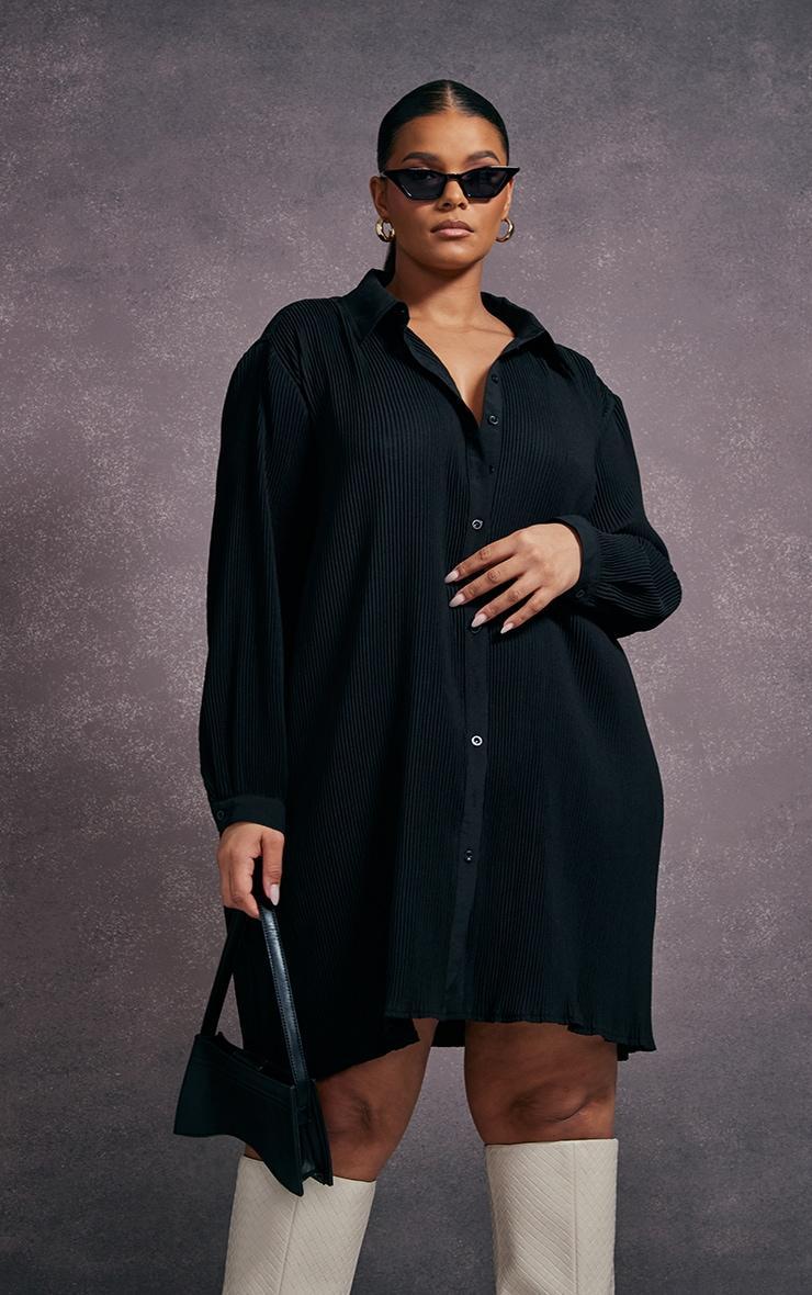 Plus Black Plisse Oversized Shirt Dress product image