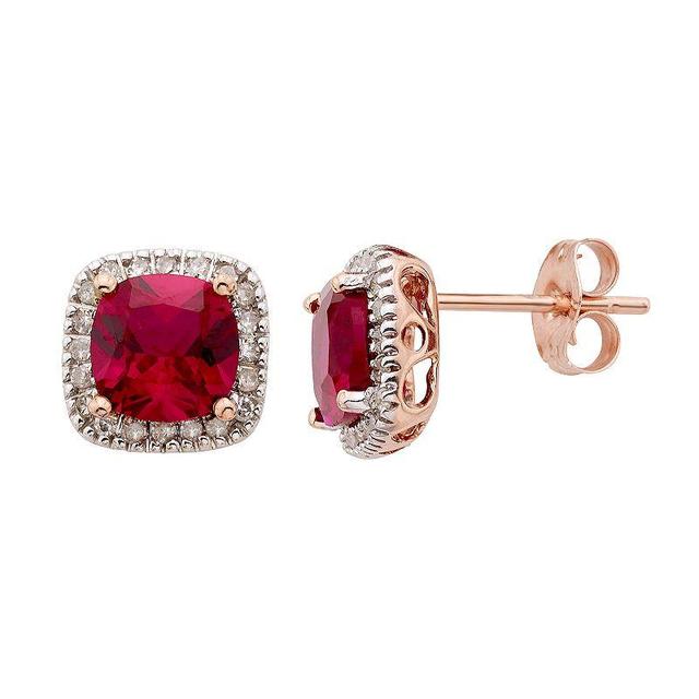 Lab-Created Ruby and 1/6 Carat T.W. Diamond 10K Gold Halo Button Stud Earrings, Womens, Red Product Image