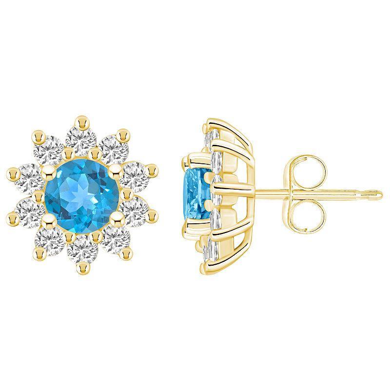 Alyson Layne 14k Gold Round Blue Topaz 1 1/5 Carat T.W. Diamond Halo Stud Earrings, Womens Product Image