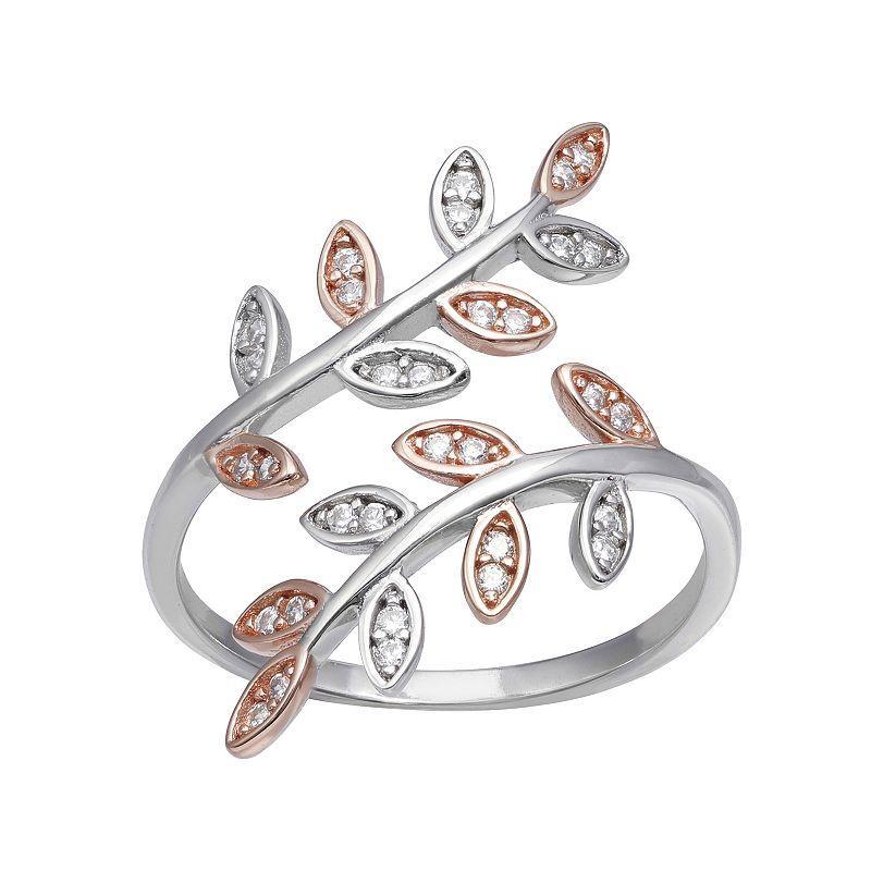 PRIMROSE Sterling Silver Cubic Zirconia Vine Bypass Ring, Womens Two Tone Pink Clear Product Image