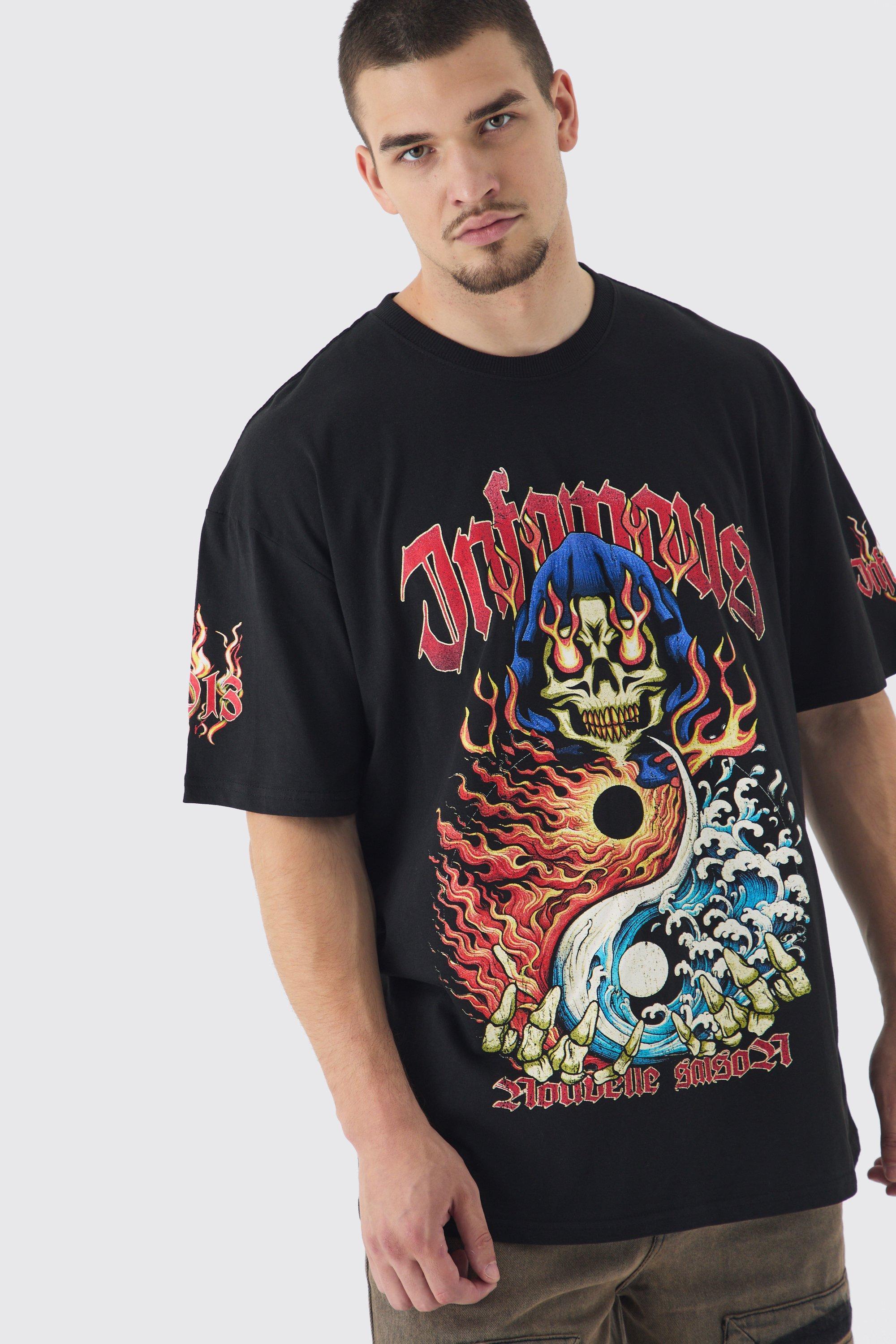 Tall Infamous Flame Print Oversized T-shirt in Black | boohooMAN USA Product Image