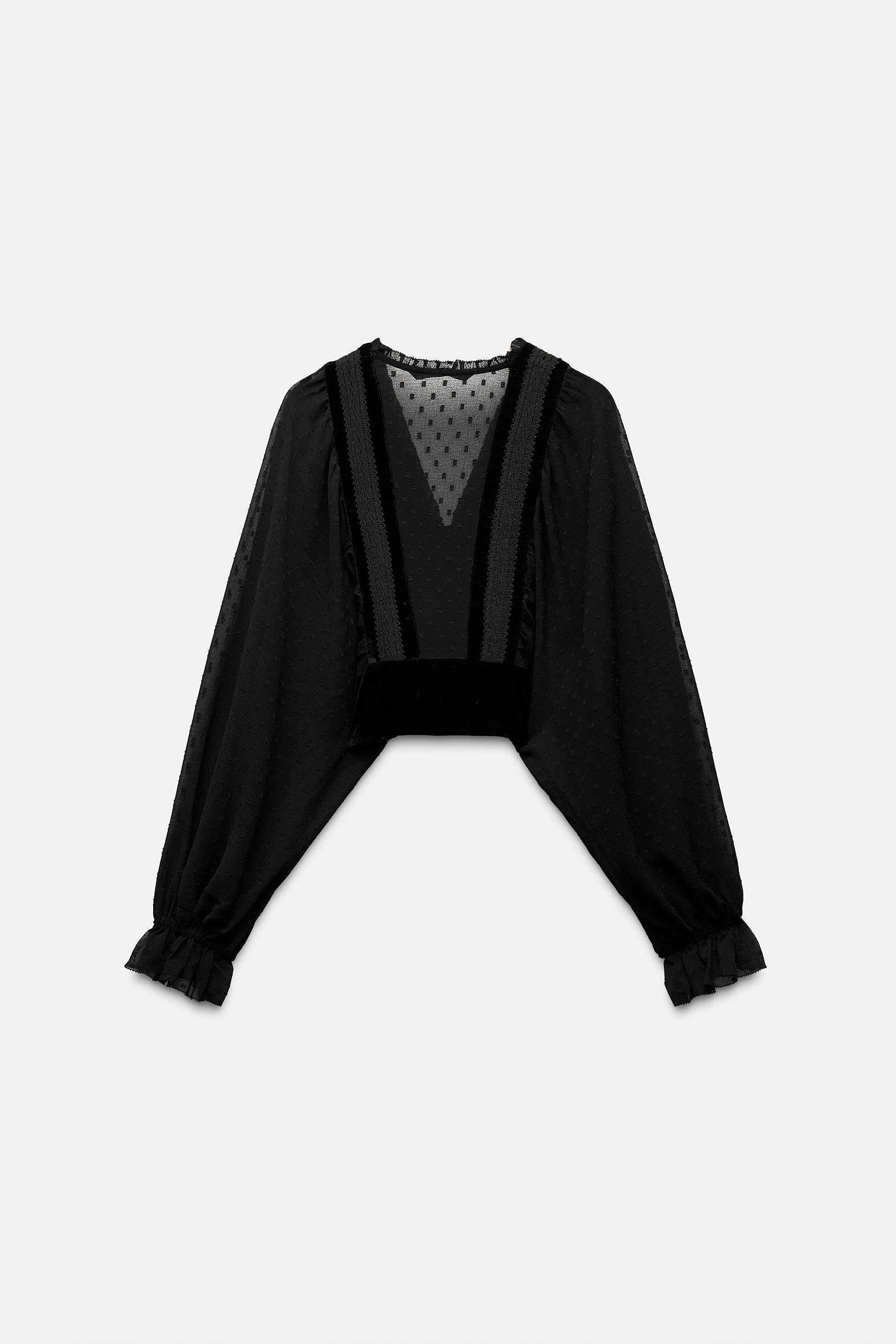 COMBINATION DOTTED MESH CROPPED BLOUSE Product Image