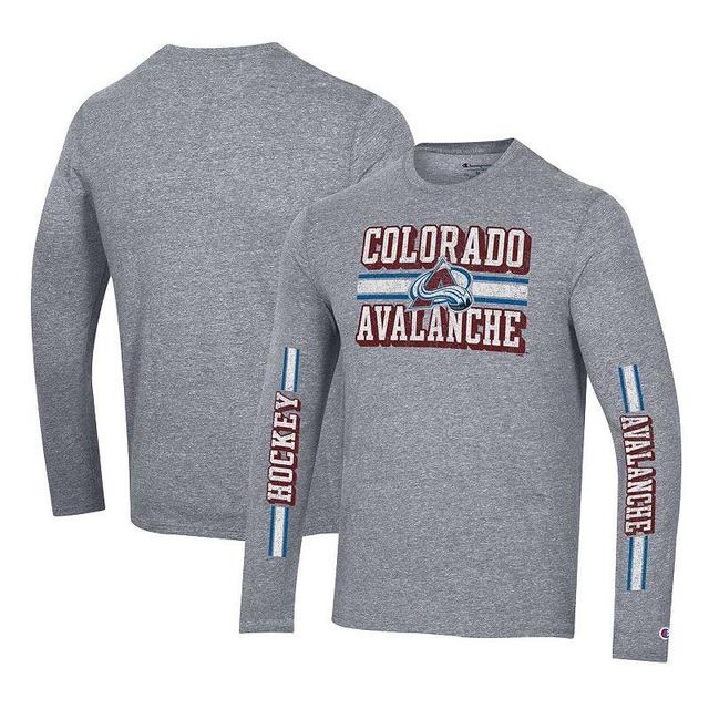 Mens Champion Heather Gray Colorado Avalanche Tri-Blend Dual-Stripe Long Sleeve T-Shirt Product Image