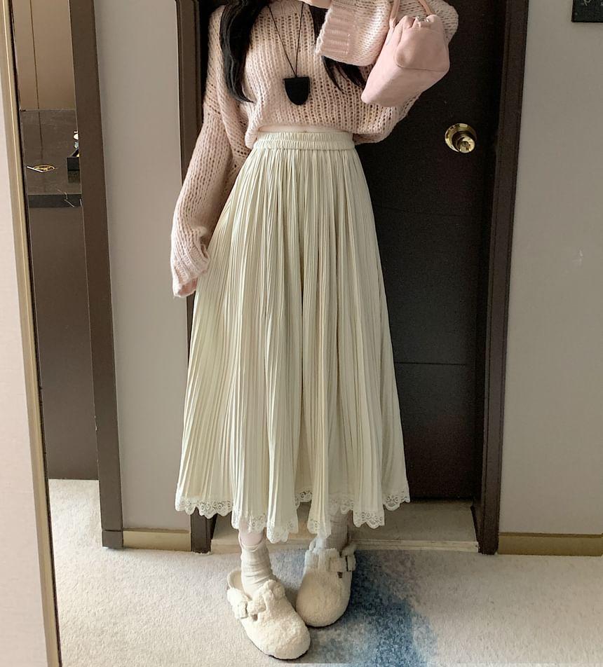 High Waist Plain Midi Pleated A-Line Skirt Product Image