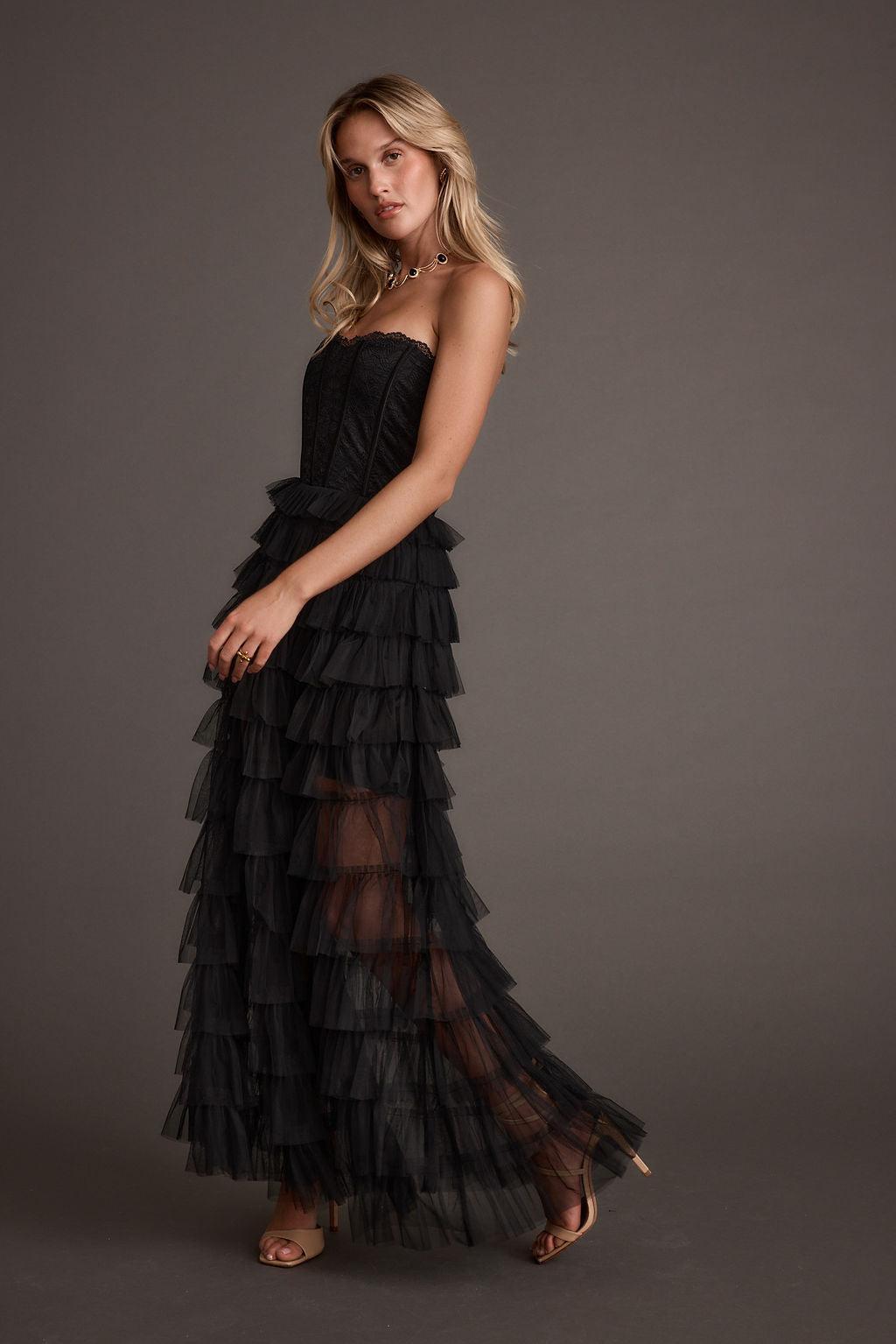 Esme Black Tulle Strapless Maxi Dress Product Image