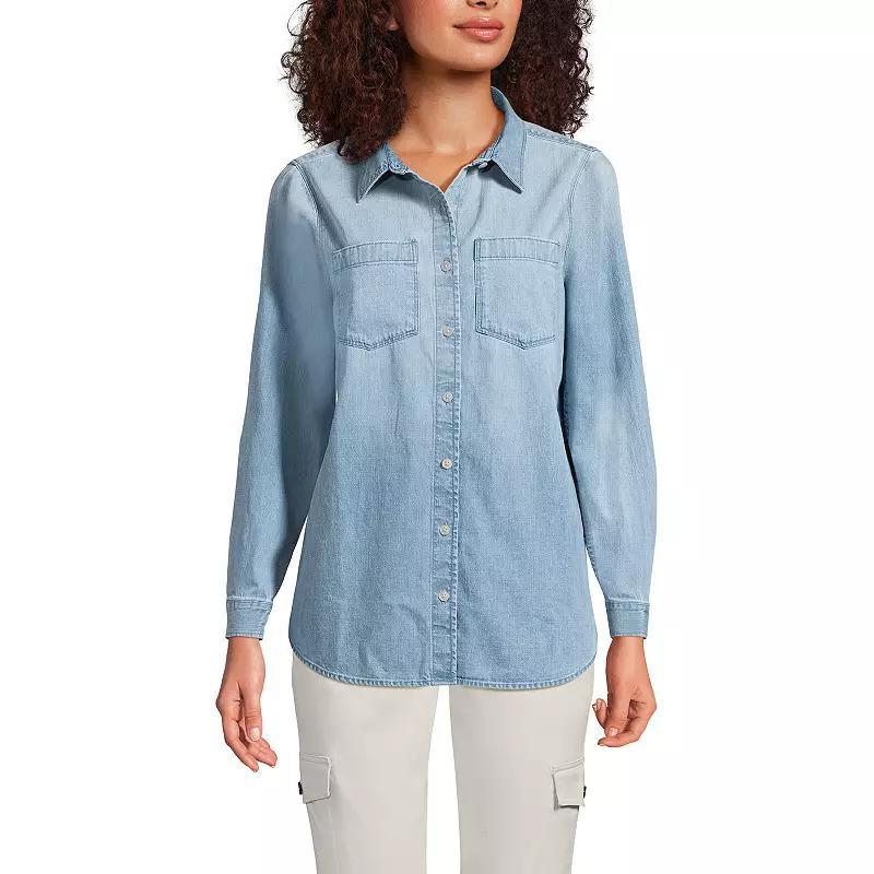 Womens Lands End Denim Long Sleeve Button-Down Shirt Light Wash Blue product image