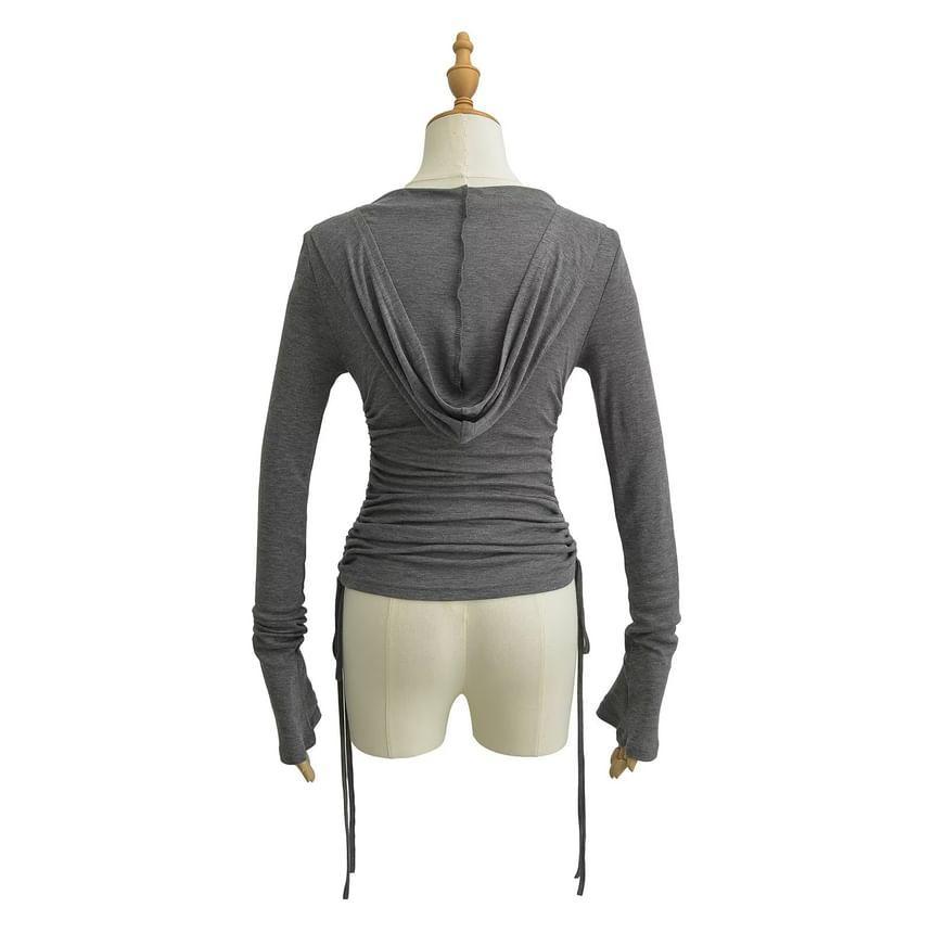 Long Sleeve Henley Plain Drawstring Hood Tee Product Image