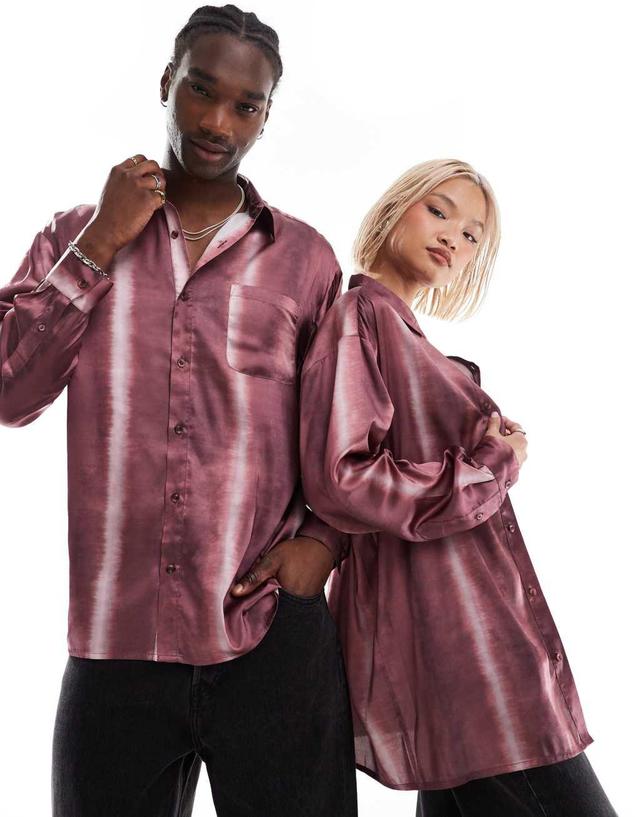 Reclaimed Vintage oversized satin shirt in burgundy tie dye Product Image