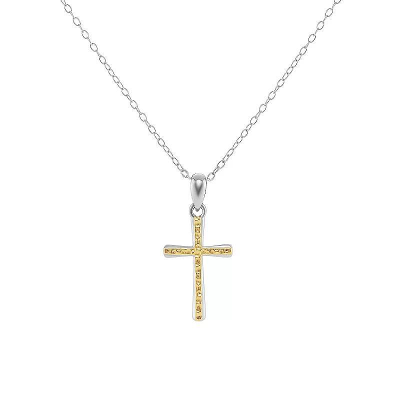 PRIMROSE Two Tone Sterling Silver 18k Gold Plated Hammered Cross Pendant Necklace, Womens Product Image