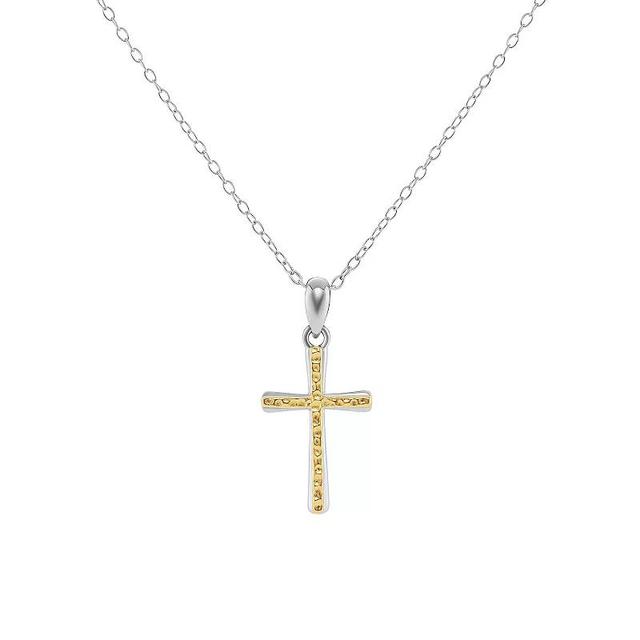 PRIMROSE Two Tone Sterling Silver 18k Gold Plated Hammered Cross Pendant Necklace, Womens Product Image