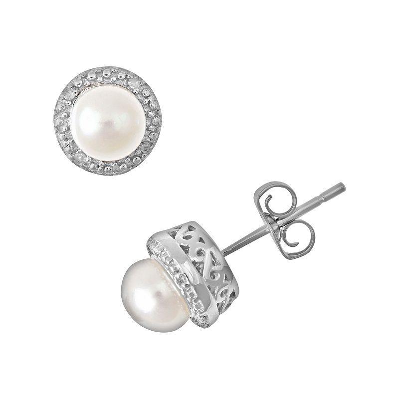 Celebration Gems Sterling Silver Freshwater Cultured Pearl and Diamond Accent Frame Stud Earrings, Womens Product Image