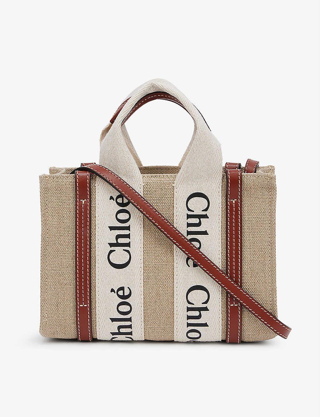 Woody Cotton-canvas Tote Bag In White - Brown 1 Product Image